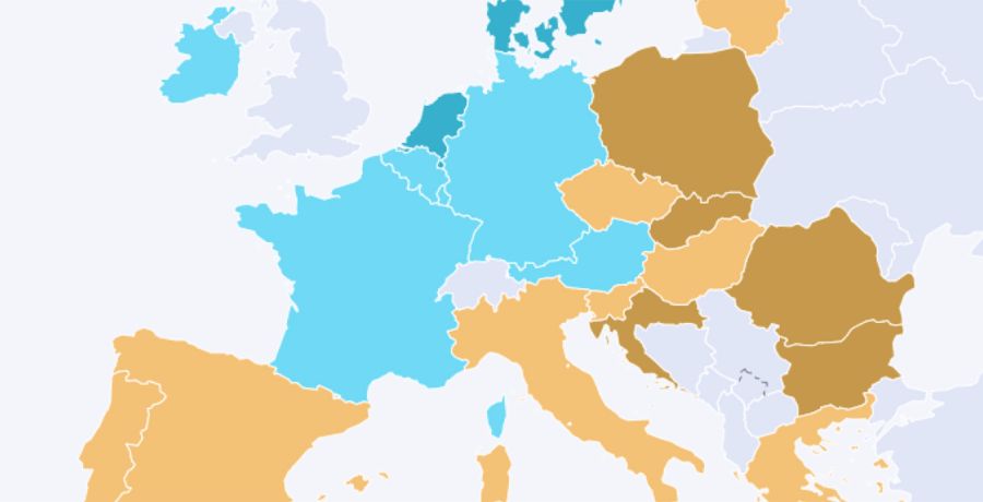 Landkarte Europas mit nach dem Ergebnis im European Innovation Scoreboard eingefärbten Ländern 