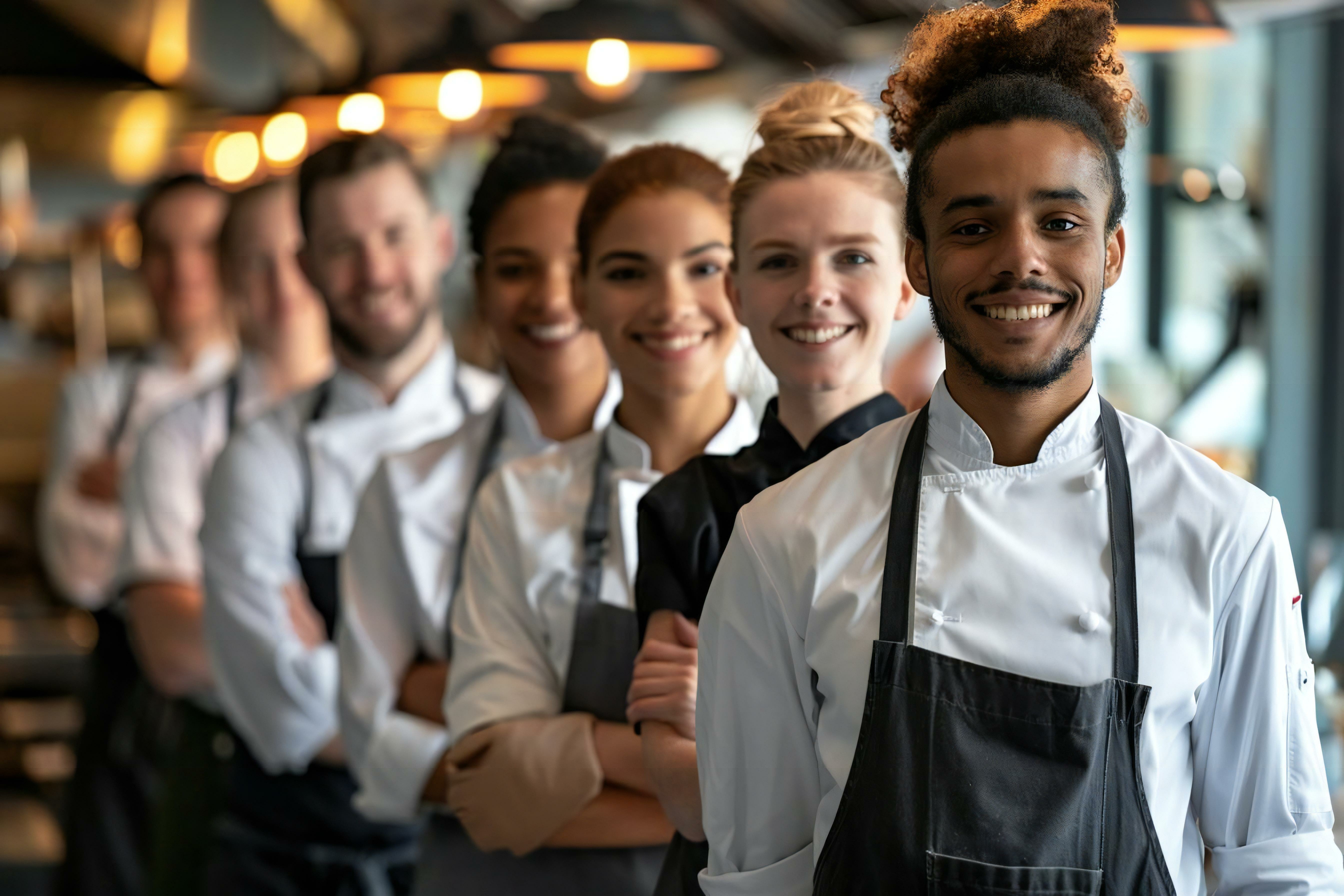 mehrere Gastronomiefachleute stehen aufgereiht und lächeln