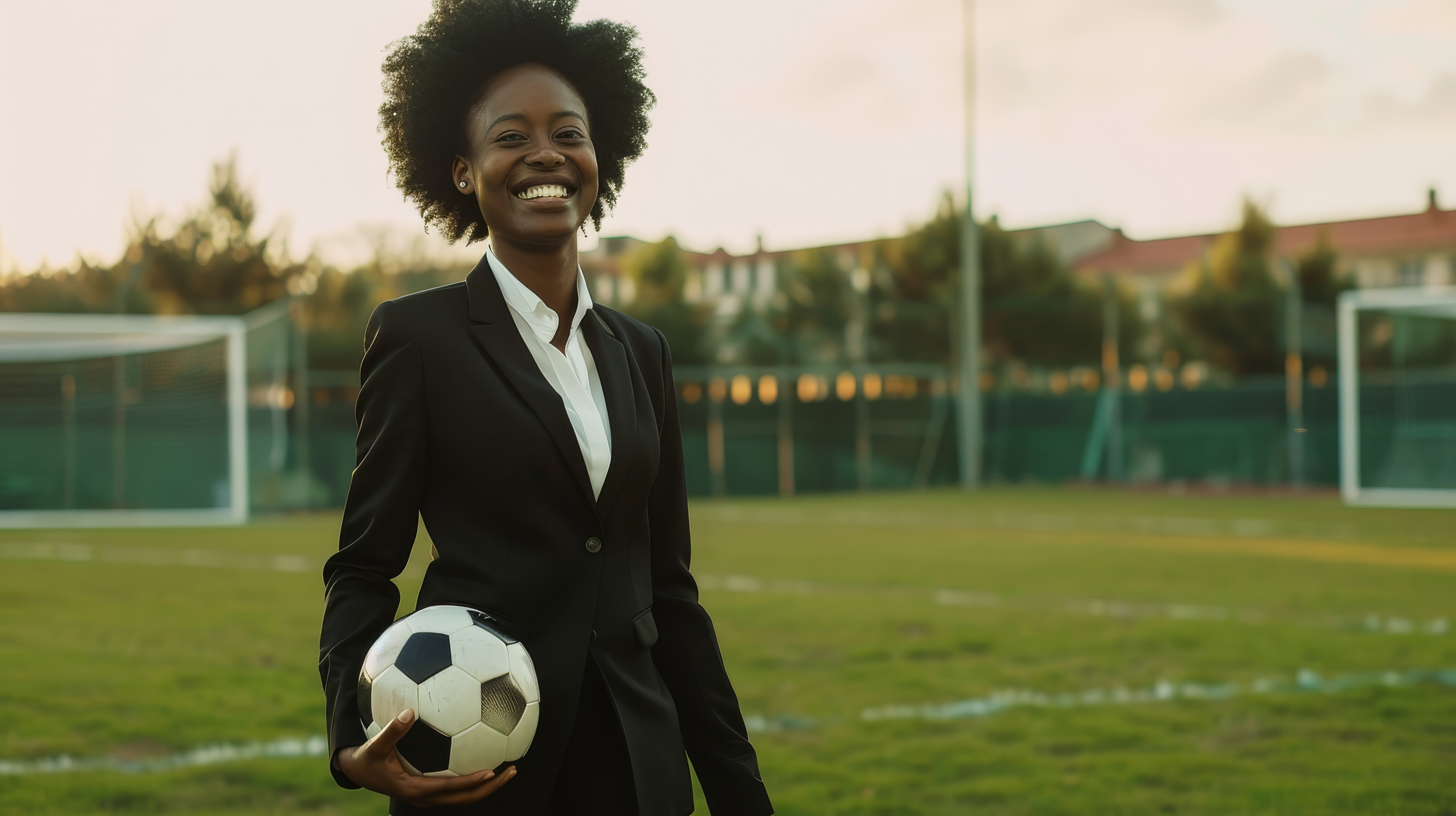 Eine junge Frau im Anzug steht am Fußballfeld und hält einen Fußball in der Hand.