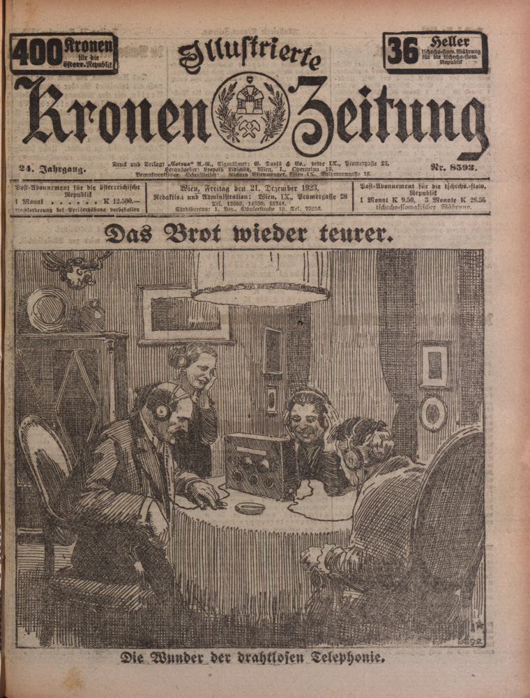 Radiohörer am Titelblatt der Kronenzeitung 1923